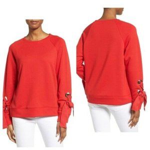 Women's Red Halogen Ring Detailed Tie Sleeve Crew Neck Sweatshirt Size XS